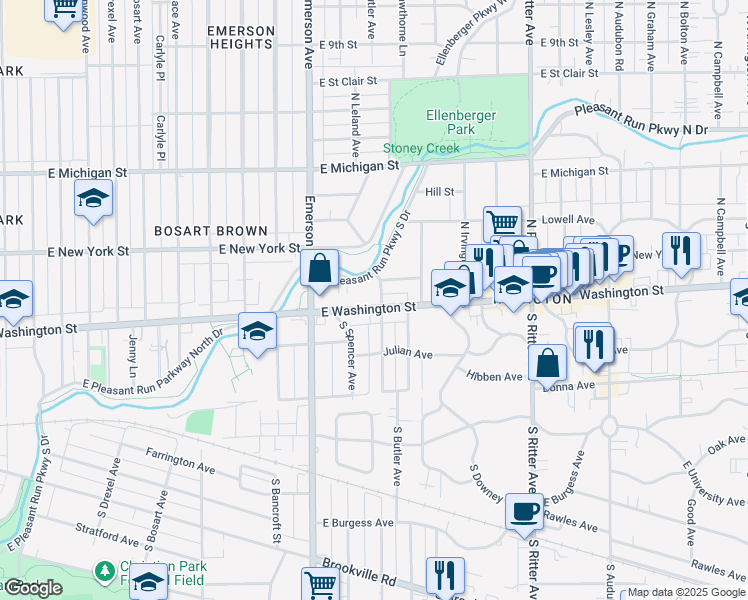 map of restaurants, bars, coffee shops, grocery stores, and more near 5181 East Pleasant Run Parkway South Drive in Indianapolis
