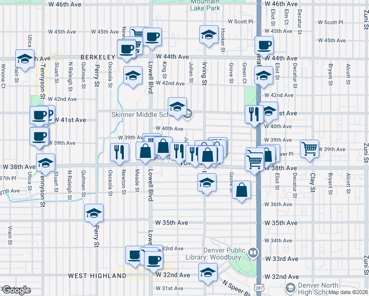 map of restaurants, bars, coffee shops, grocery stores, and more near 3915 Julian Street in Denver