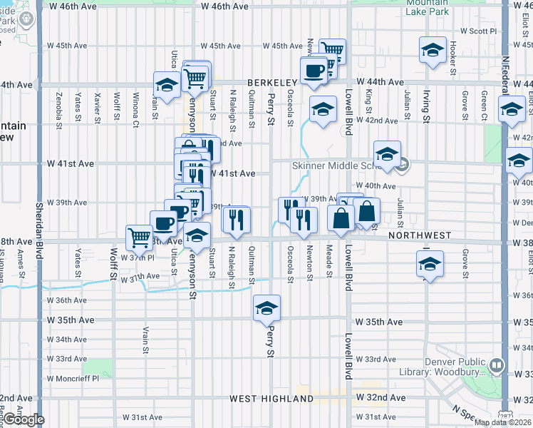 map of restaurants, bars, coffee shops, grocery stores, and more near 3880 Perry Street in Denver