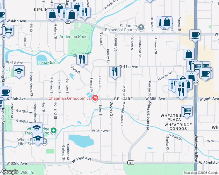 map of restaurants, bars, coffee shops, grocery stores, and more near 3895 Dudley Street in Wheat Ridge