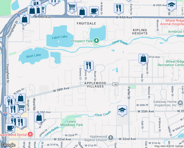 map of restaurants, bars, coffee shops, grocery stores, and more near 3921 Routt Street in Wheat Ridge