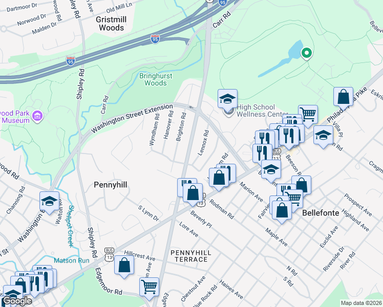 map of restaurants, bars, coffee shops, grocery stores, and more near 508 Marsh Road in Wilmington