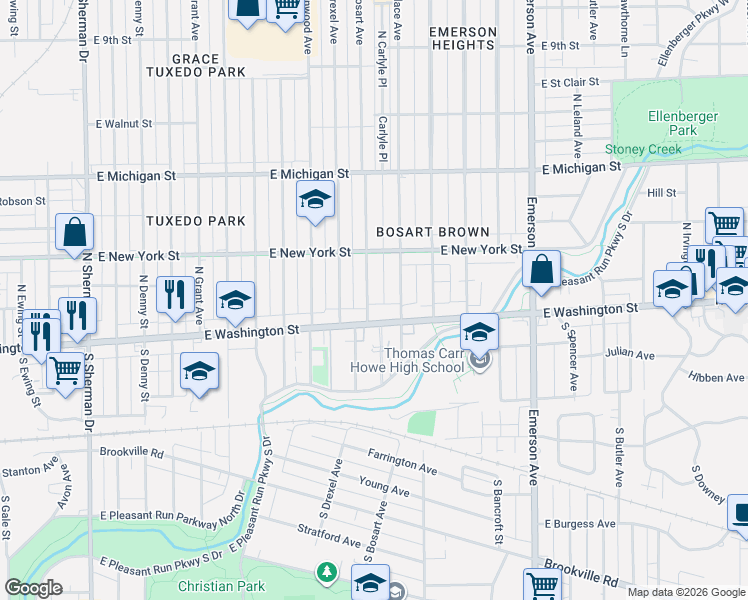 map of restaurants, bars, coffee shops, grocery stores, and more near 35 North Bosart Avenue in Indianapolis