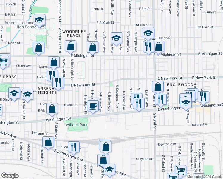 map of restaurants, bars, coffee shops, grocery stores, and more near 249 North Beville Avenue in Indianapolis