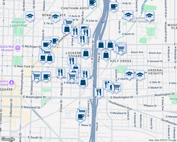 map of restaurants, bars, coffee shops, grocery stores, and more near 743 East New York Street in Indianapolis