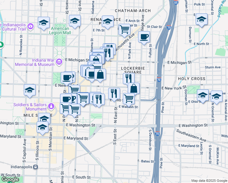 map of restaurants, bars, coffee shops, grocery stores, and more near in Indianapolis