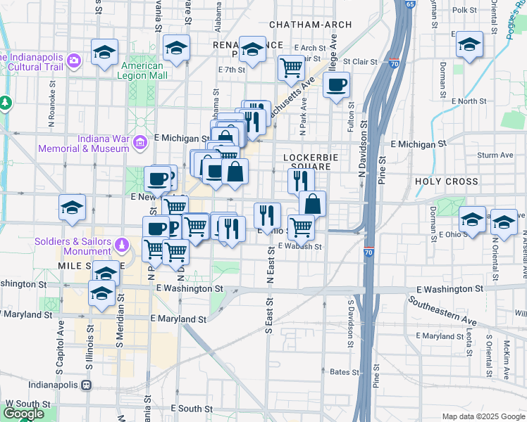 map of restaurants, bars, coffee shops, grocery stores, and more near in Indianapolis