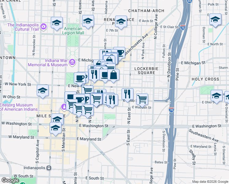 map of restaurants, bars, coffee shops, grocery stores, and more near 264 North New Jersey Street in Indianapolis