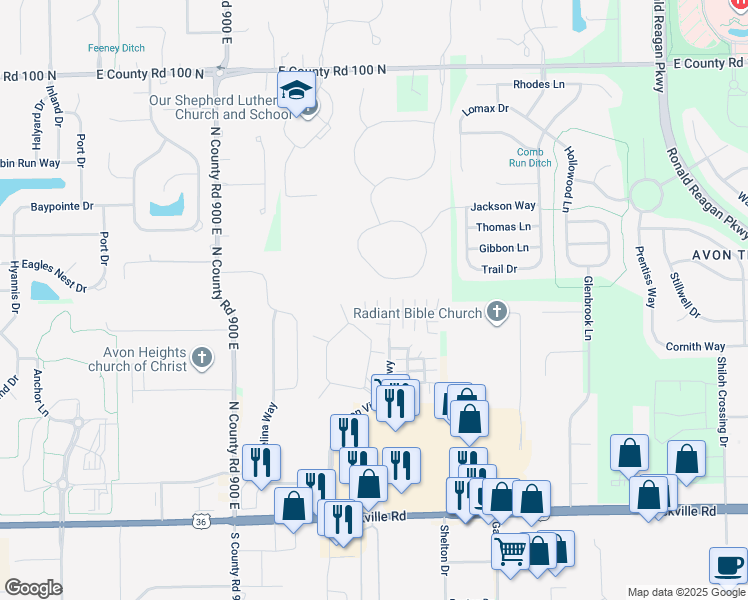 map of restaurants, bars, coffee shops, grocery stores, and more near 481 Superior Lane in Avon