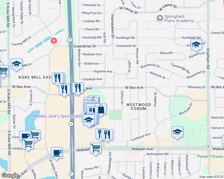 map of restaurants, bars, coffee shops, grocery stores, and more near 2401-2411 W Iles Ave in Springfield