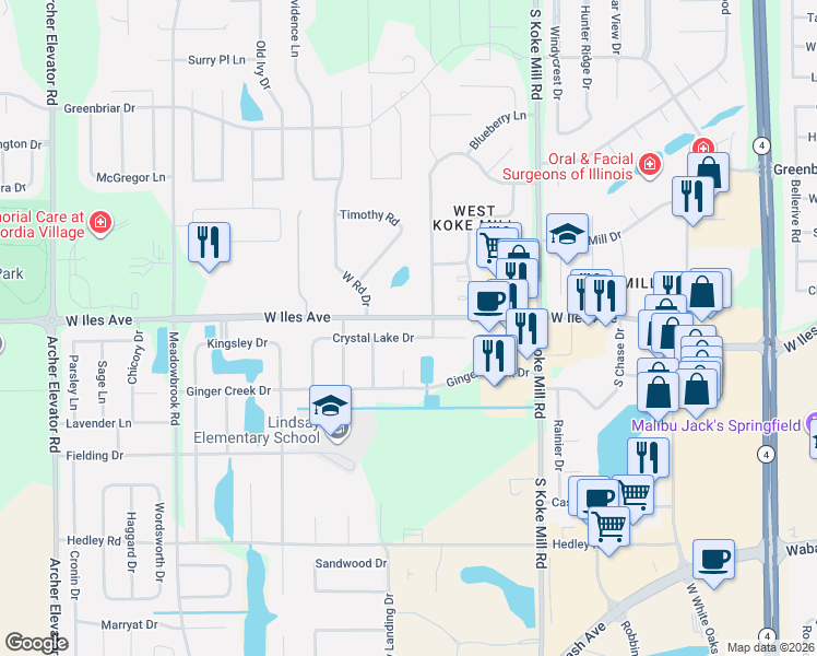 map of restaurants, bars, coffee shops, grocery stores, and more near 3605 West Iles Avenue in Springfield