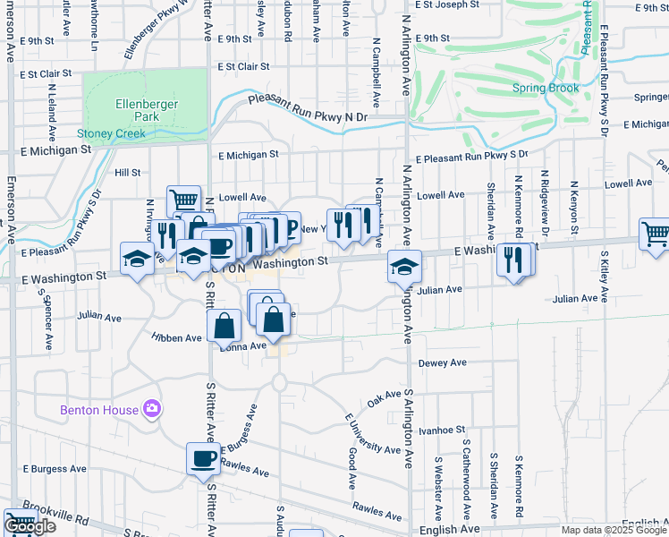 map of restaurants, bars, coffee shops, grocery stores, and more near 5819 East Washington Street in Indianapolis