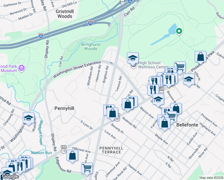 map of restaurants, bars, coffee shops, grocery stores, and more near 508 Marsh Road in Wilmington