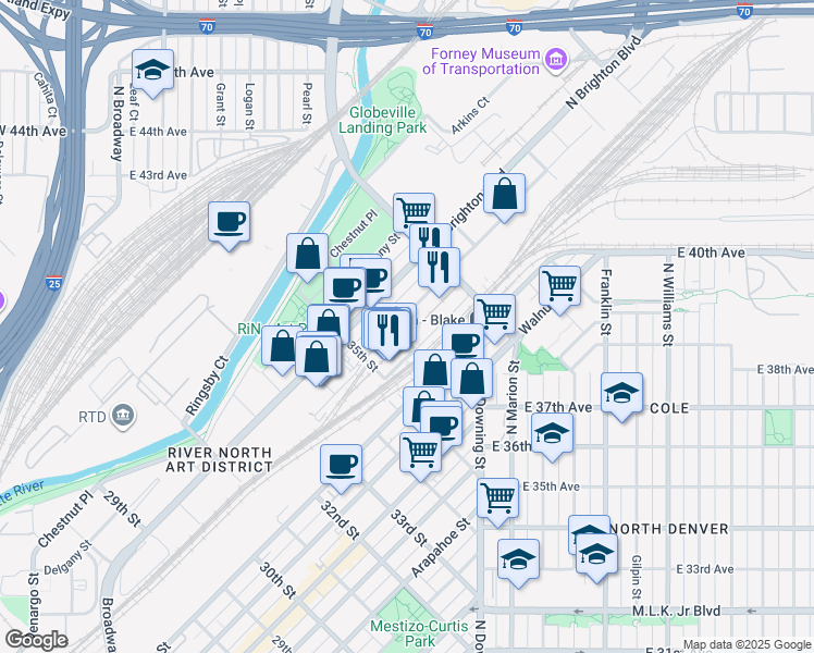 map of restaurants, bars, coffee shops, grocery stores, and more near 3650 Wynkoop Street in Denver