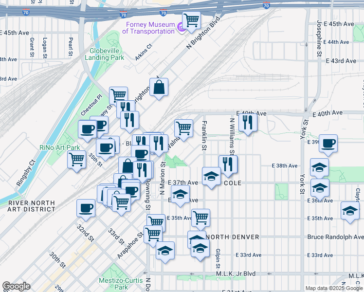 map of restaurants, bars, coffee shops, grocery stores, and more near 3825 North Lafayette Street in Denver