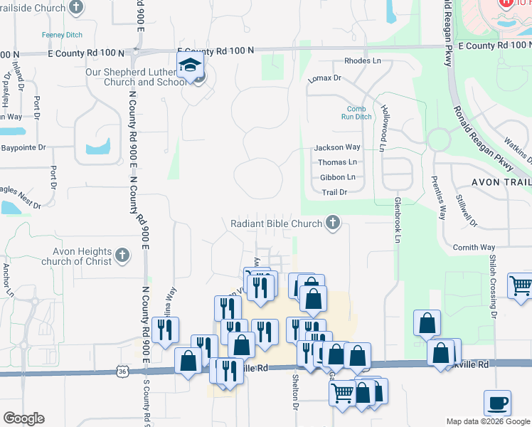 map of restaurants, bars, coffee shops, grocery stores, and more near 498 Creekwood Drive in Avon