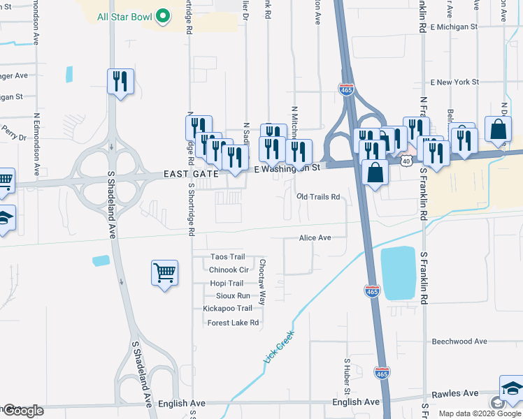map of restaurants, bars, coffee shops, grocery stores, and more near 7425 East Washington Street in Indianapolis
