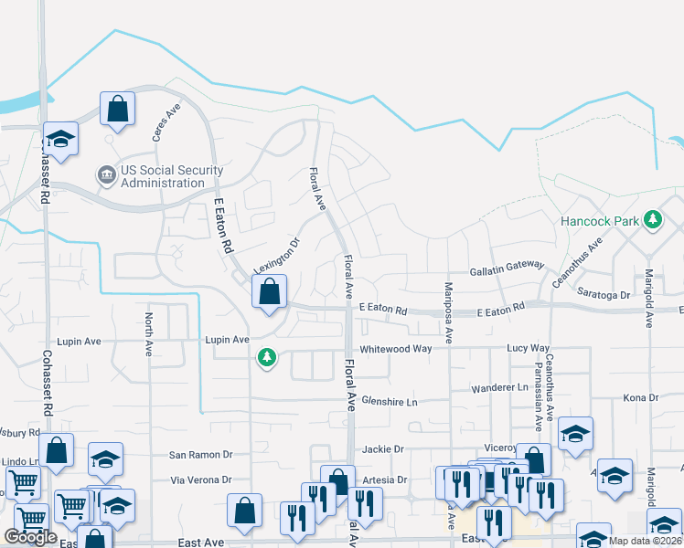 map of restaurants, bars, coffee shops, grocery stores, and more near 2777 East Eaton Road in Chico