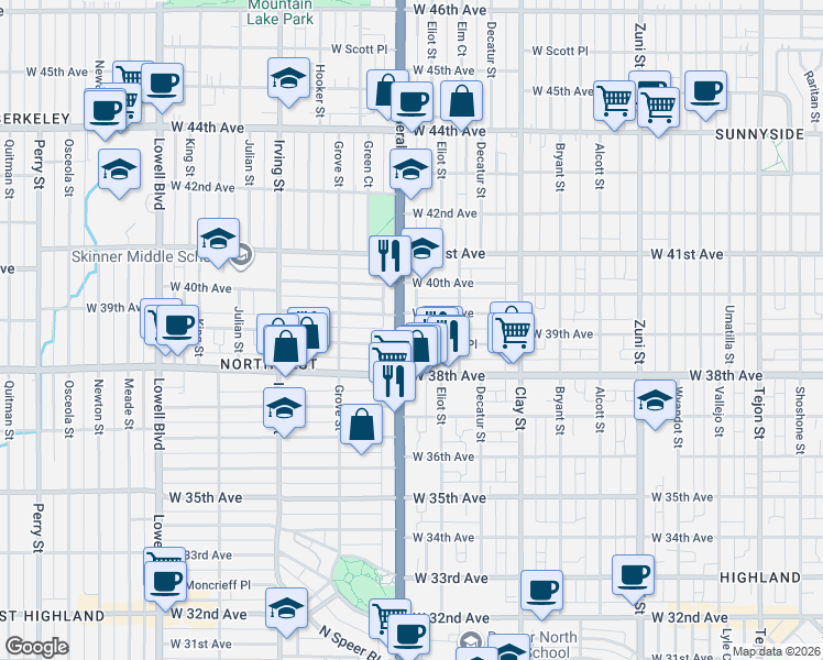 map of restaurants, bars, coffee shops, grocery stores, and more near 3893 U.S. 287 in Denver