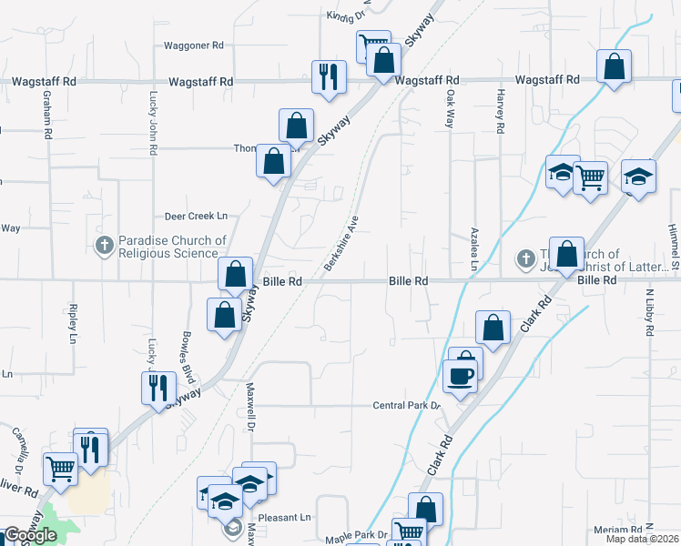 map of restaurants, bars, coffee shops, grocery stores, and more near 1075 Bille Road in Paradise