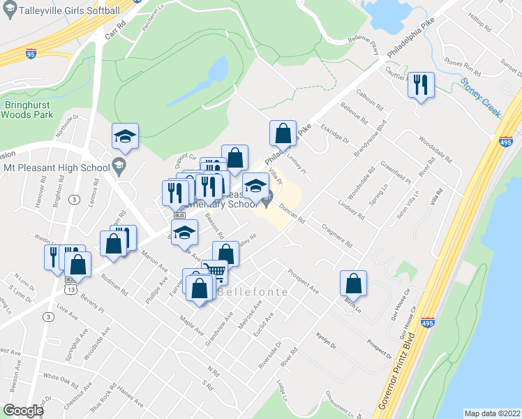 map of restaurants, bars, coffee shops, grocery stores, and more near 500 Duncan Road in Wilmington
