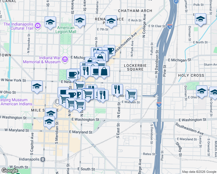 map of restaurants, bars, coffee shops, grocery stores, and more near 225 North New Jersey Street in Indianapolis