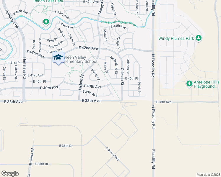 map of restaurants, bars, coffee shops, grocery stores, and more near 21320 East 40th Avenue in Denver