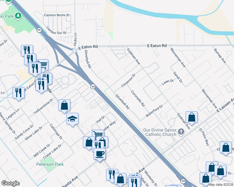 map of restaurants, bars, coffee shops, grocery stores, and more near 455 Cimarron Drive in Chico