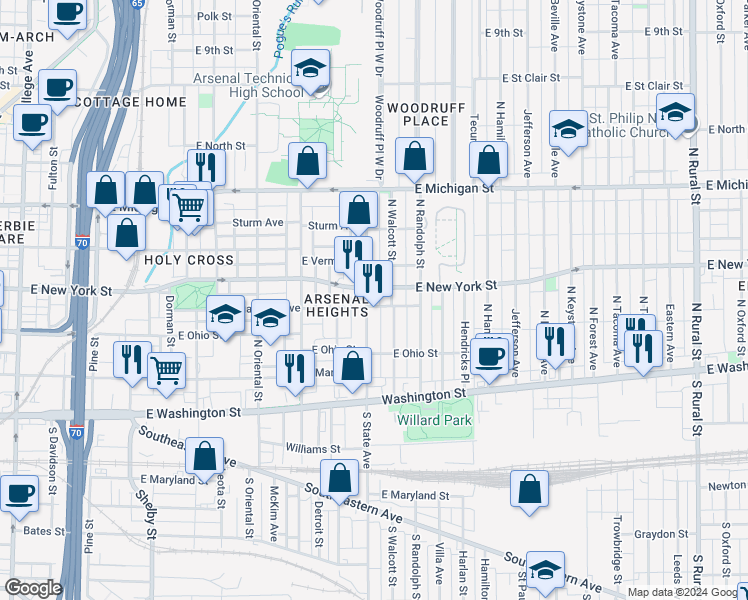 map of restaurants, bars, coffee shops, grocery stores, and more near 305 North State Avenue in Indianapolis