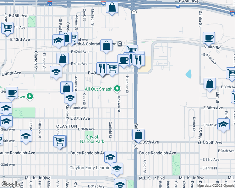 map of restaurants, bars, coffee shops, grocery stores, and more near 3899 Jackson Street in Denver