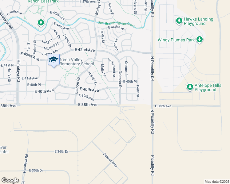 map of restaurants, bars, coffee shops, grocery stores, and more near 21320 East 40th Avenue in Denver