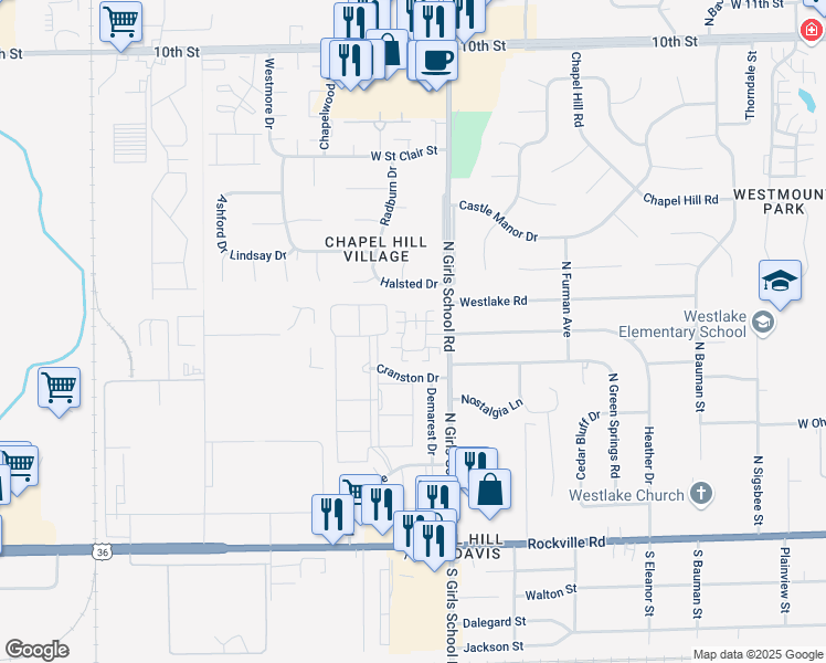 map of restaurants, bars, coffee shops, grocery stores, and more near 7334 Chapel Villas Drive in Indianapolis