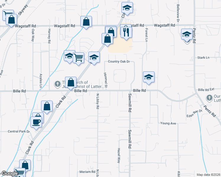 map of restaurants, bars, coffee shops, grocery stores, and more near 1453 Bille Road in Paradise