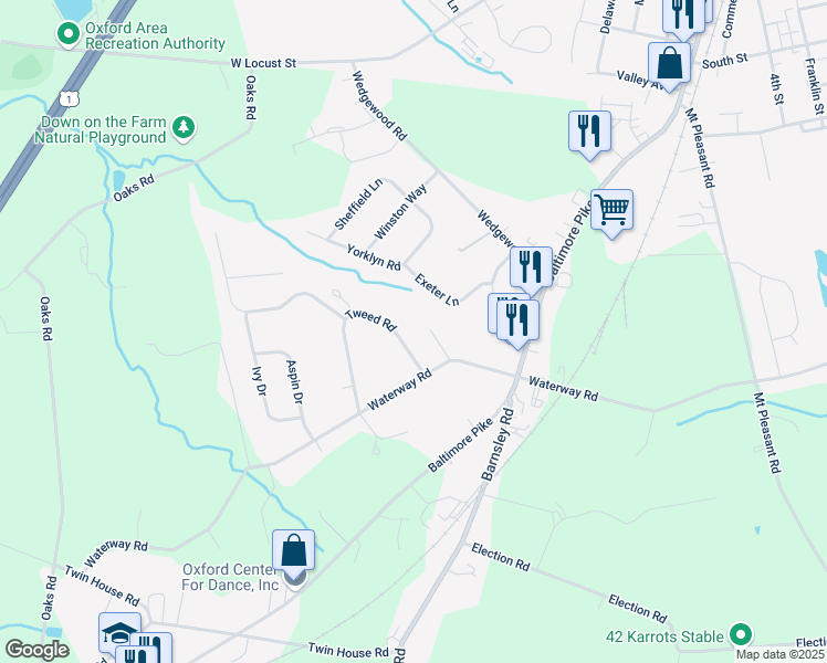map of restaurants, bars, coffee shops, grocery stores, and more near 116 Tweed Road in Oxford