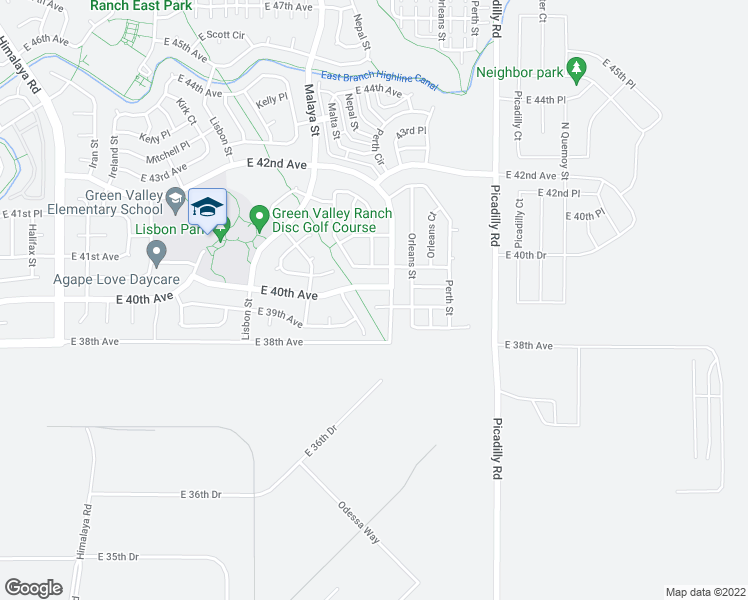 map of restaurants, bars, coffee shops, grocery stores, and more near 21320 East 40th Avenue in Denver