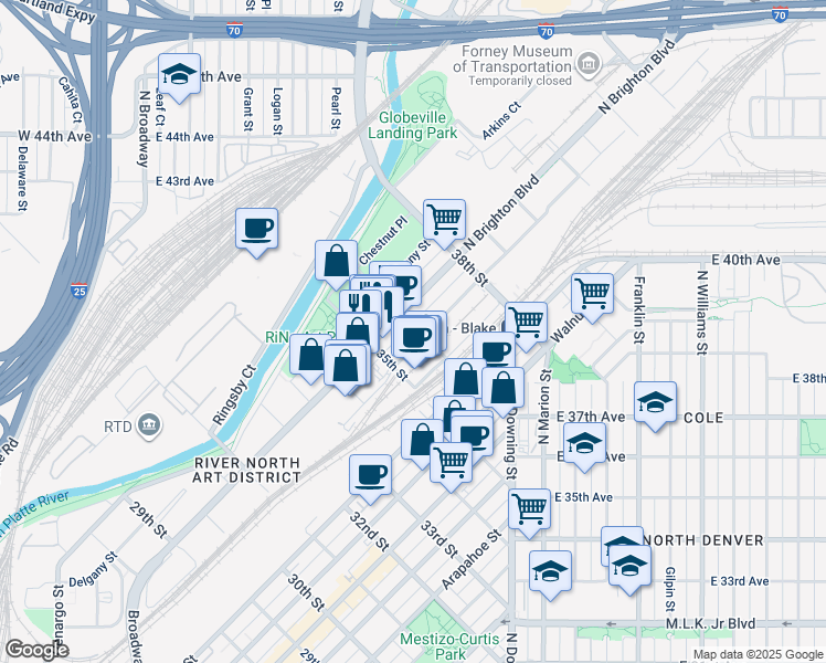 map of restaurants, bars, coffee shops, grocery stores, and more near 3560 Brighton Boulevard in Denver