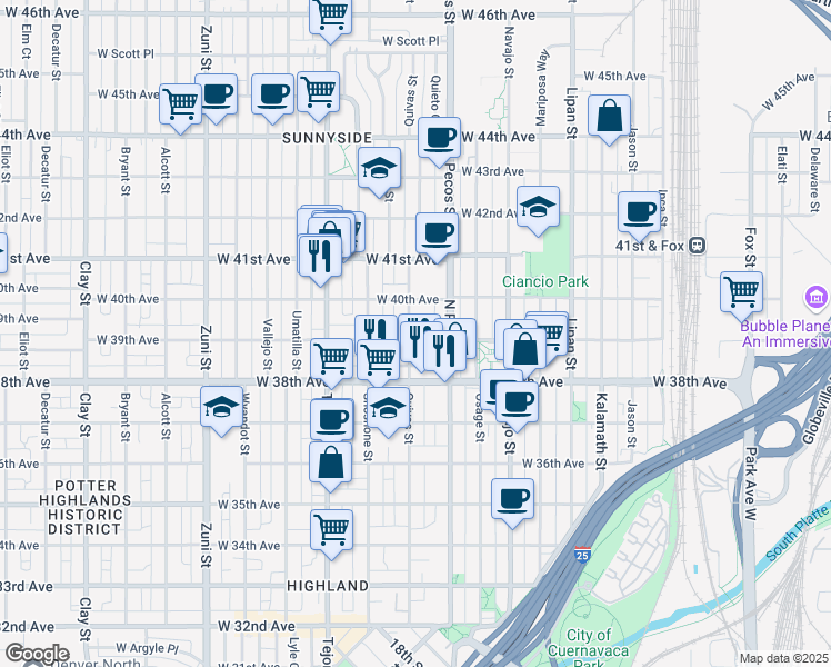 map of restaurants, bars, coffee shops, grocery stores, and more near 3922 Quivas Street in Denver