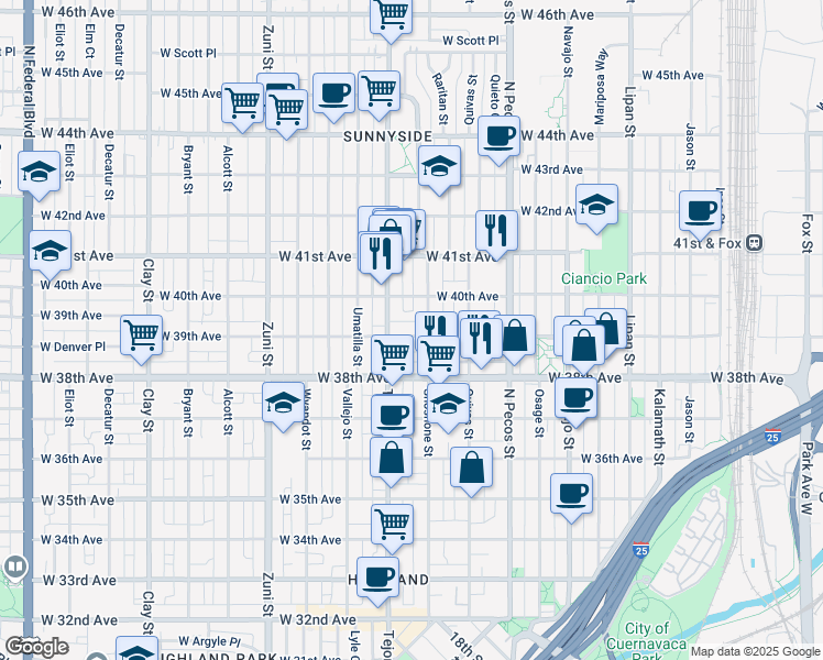 map of restaurants, bars, coffee shops, grocery stores, and more near in Denver