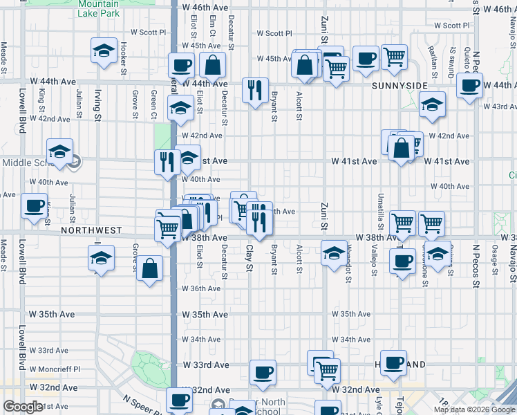 map of restaurants, bars, coffee shops, grocery stores, and more near 3921 Bryant Street in Denver