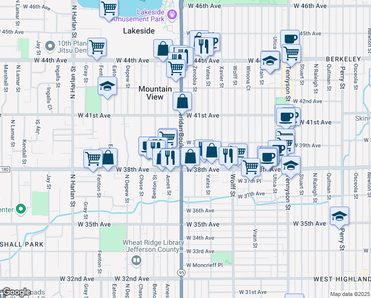 map of restaurants, bars, coffee shops, grocery stores, and more near 3895 Zenobia Street in Denver