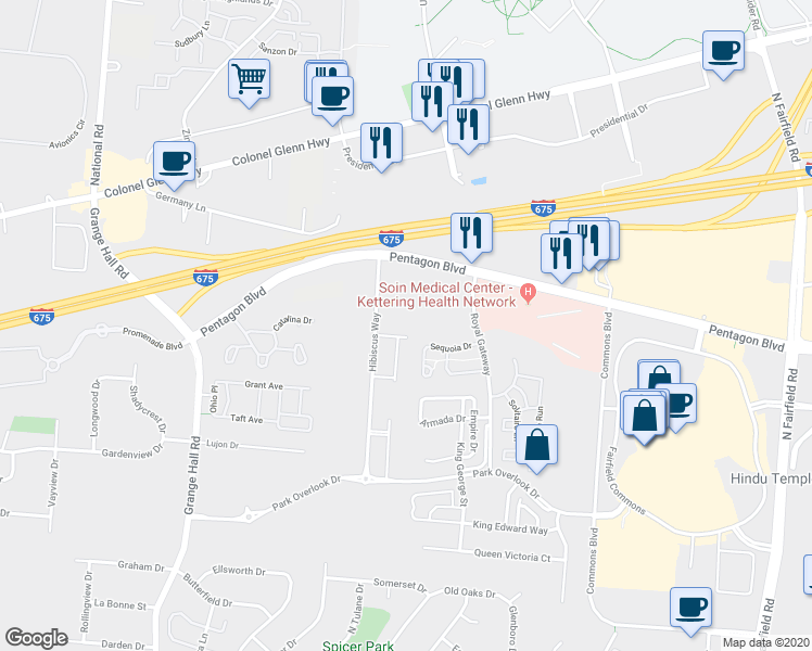 map of restaurants, bars, coffee shops, grocery stores, and more near 3658 Lilac Lane in Beavercreek