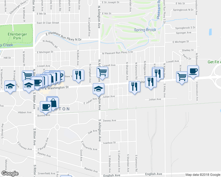 map of restaurants, bars, coffee shops, grocery stores, and more near in Indianapolis