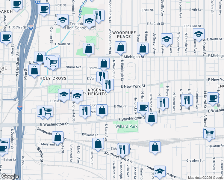map of restaurants, bars, coffee shops, grocery stores, and more near 1717 East New York Street in Indianapolis