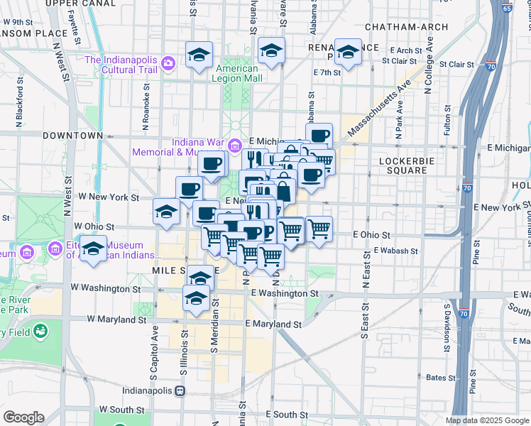 map of restaurants, bars, coffee shops, grocery stores, and more near in Indianapolis