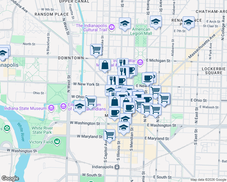 map of restaurants, bars, coffee shops, grocery stores, and more near in Indianapolis