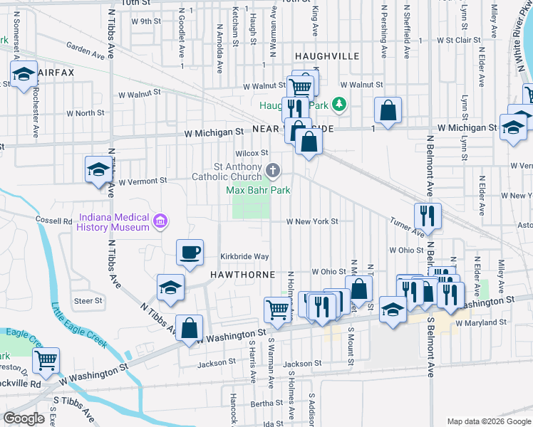 map of restaurants, bars, coffee shops, grocery stores, and more near 323 North Warman Avenue in Indianapolis