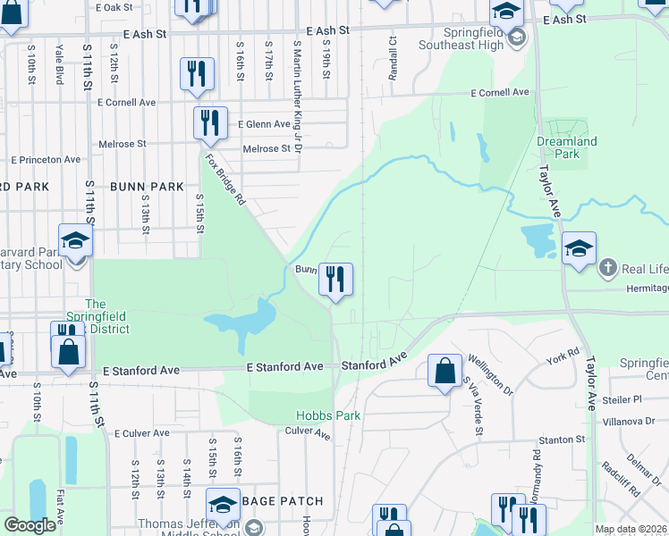 map of restaurants, bars, coffee shops, grocery stores, and more near 11 Park Ridge Road in Springfield
