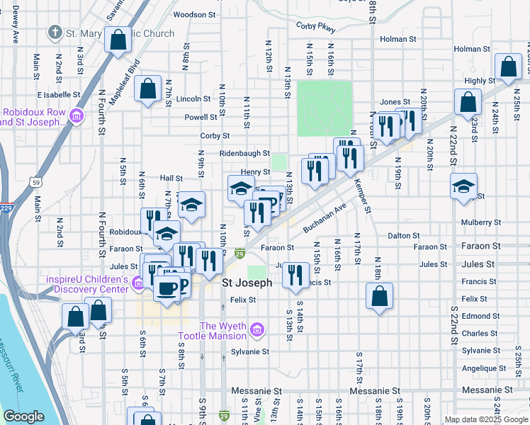 map of restaurants, bars, coffee shops, grocery stores, and more near 603 North 12th Street in Saint Joseph