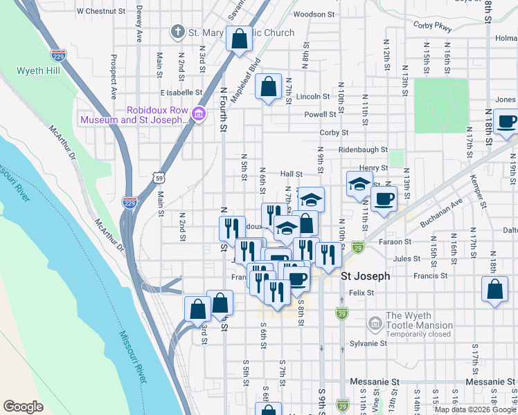 map of restaurants, bars, coffee shops, grocery stores, and more near 603 North 5th Street in Saint Joseph