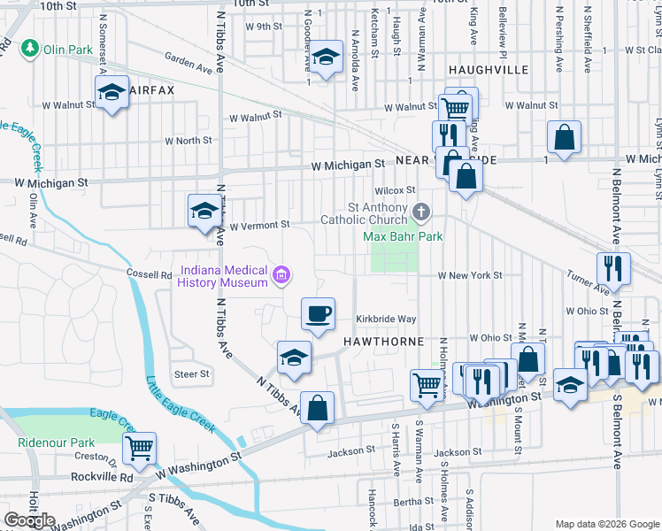 map of restaurants, bars, coffee shops, grocery stores, and more near 3111 Bolton Square Boulevard in Indianapolis